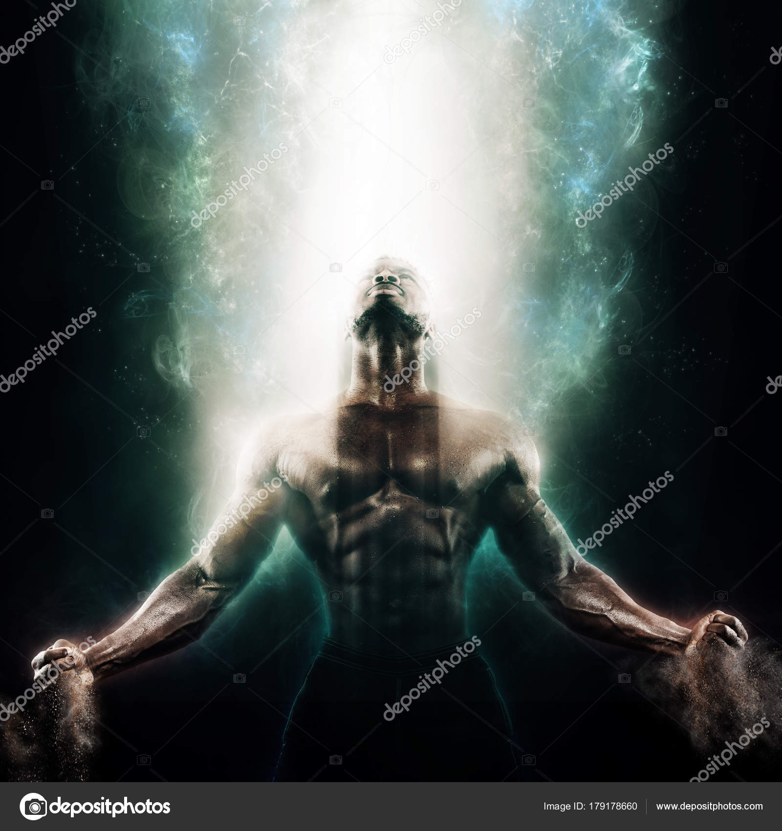 Sport and motivation wallpaper on dark background. Power athletic guy  bodybuilder. Fire and energy Stock Photo by ©MikeOrlov 179178660