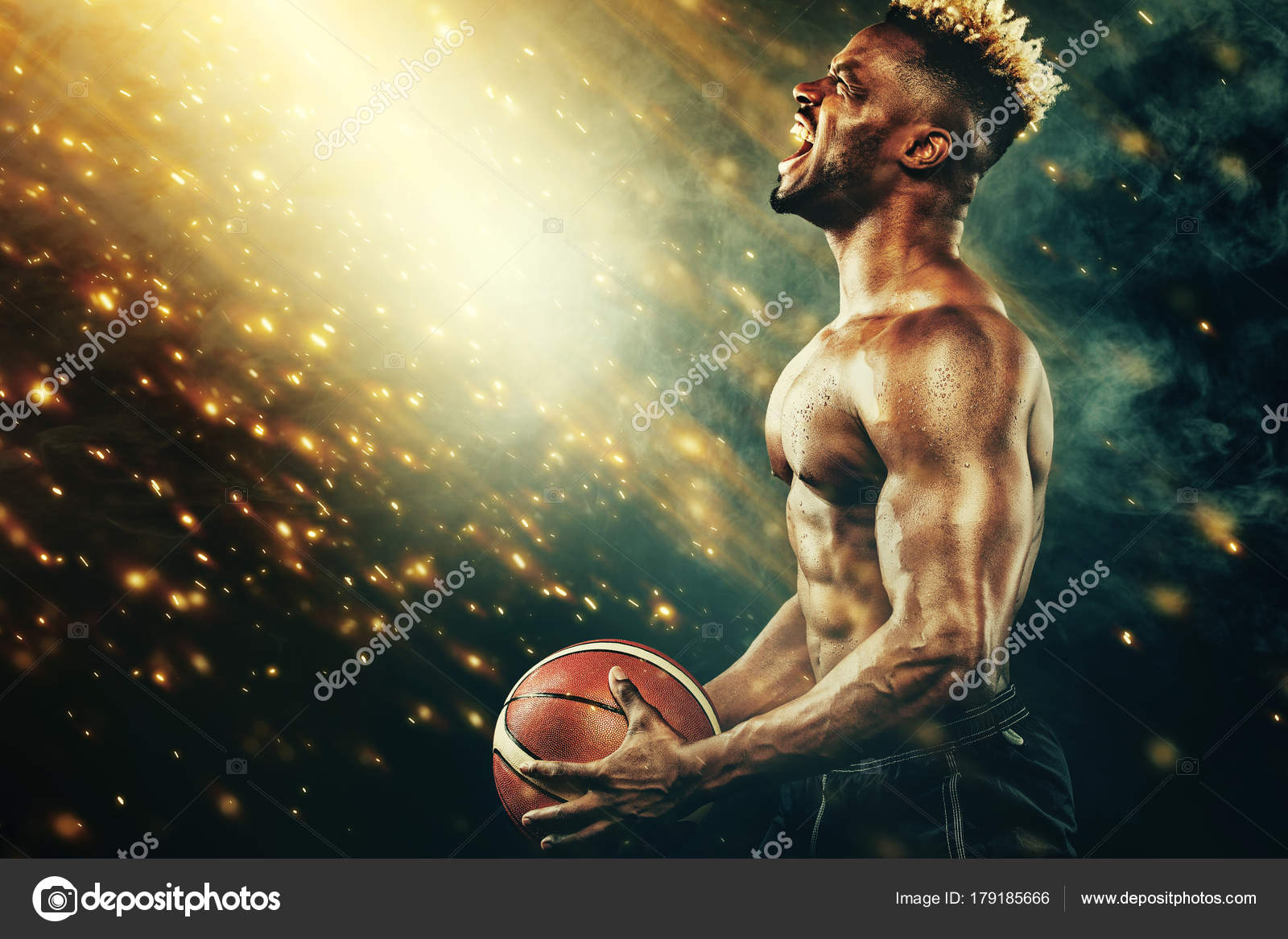 Papel de parede de basquete. Retrato de desportista afro-americano, jogador  de basquetebol com uma bola sobre fundo preto. Ajuste jovem em sportswear  segurando bola . Ilustração por ©MikeOrlov #179185666