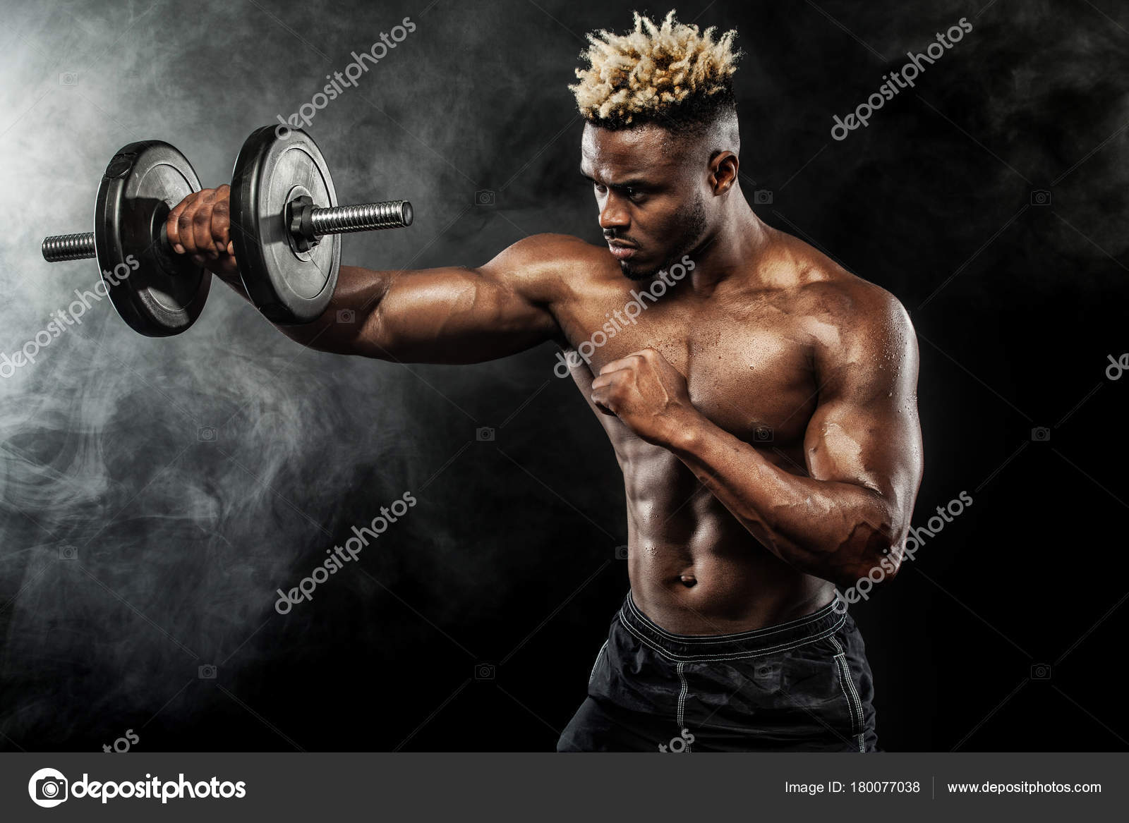 Man athlete with dumbbells isolated on white background. Gym full body  workout. Muscular man athlete in fitness gym have havy workout. Sports  trainer on trainging. Fitness motivation. Stock Photo