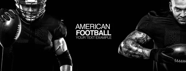 Pojęcie sportu. Zawodnik futbolu amerykańskiego sportowca na czarnym tle z miejsca kopii. Pojęcie sportu. — Zdjęcie stockowe