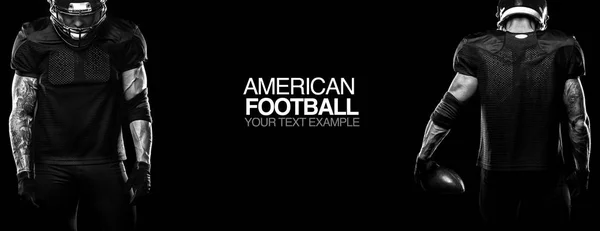 Concetto sportivo. Giocatore sportivo di football americano su sfondo nero con spazio per la copia. Concetto sportivo . — Foto Stock
