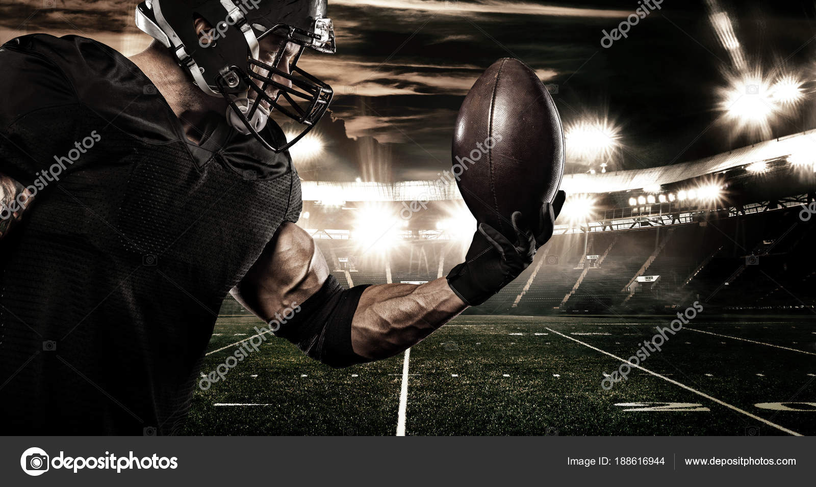 American football sportsman player on stadium. Sports banner and wallpaper  with copyspace. Stock Photo by ©MikeOrlov 188616944