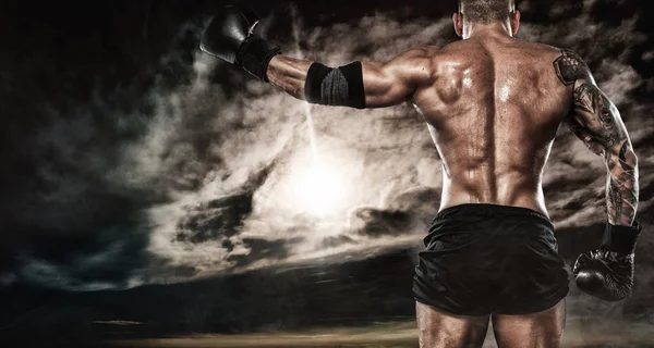 Sportsman boxer fighting outdoor. Copy Space. Boxing sport concept. — Stock Photo, Image