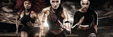 Spor, fitness ve spor motivasyon giyen koyu arka plan üzerinde çalışan bir güçlü atletik, kadın sprinter. Runner kavramı.