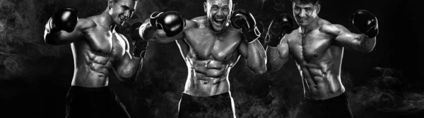 Fitness és boksz koncepció. Egyéni sport rekreáció. Három férfi bokszoló harcol kesztyűben fekete háttér. — Stock Fotó