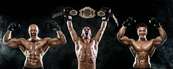 Concepto de boxeo. Motivación deportiva y física. Recreación deportiva individual. Tres boxeadores con guantes con cinturón campeón celebrando una victoria impecable aislados sobre fondo negro . — Foto de Stock