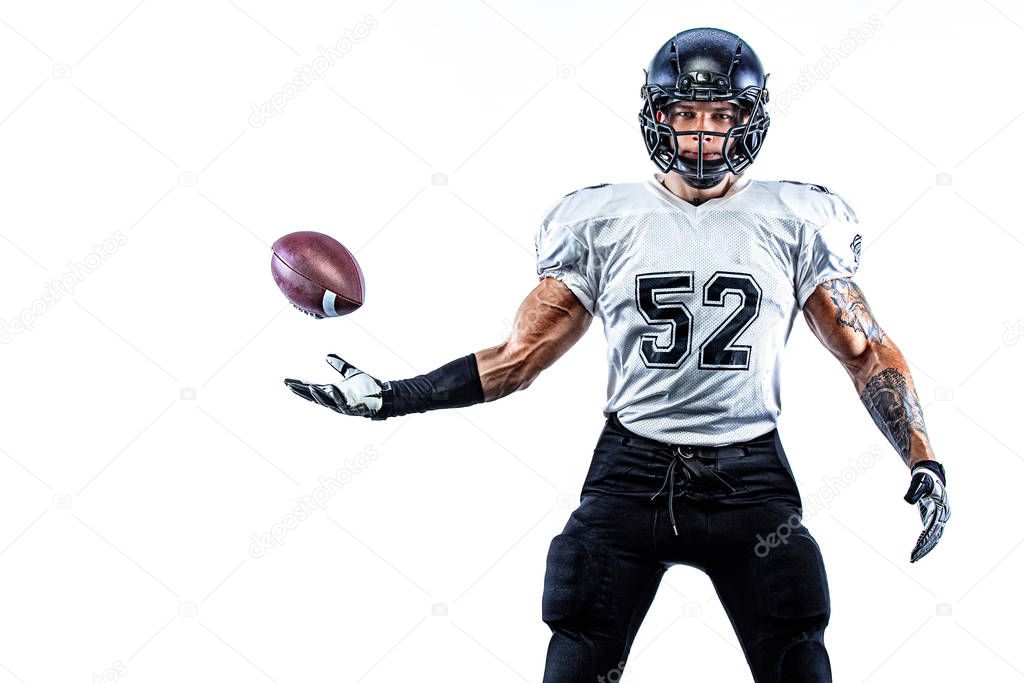 American football player in helmet isolated on white background. Sport wallpaper.