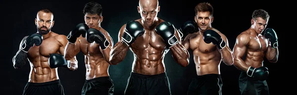 Boxningskoncept. Sport och fitness motivation. Individuell sportrekreation. Grupp av boxare i handskar isolerad på svart bakgrund. — Stockfoto
