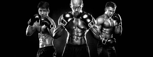 Boxkonzept. Sport- und Fitness-Motivation. Individuelle sportliche Erholung. Gruppe von Boxern in Handschuhen isoliert auf dunklem Hintergrund. Schwarz-Weiß-Foto. — Stockfoto