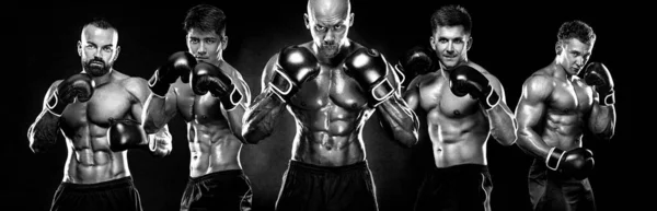 Boxing concept. Group of boxers in gloves isolated on dark background. Sport and fitness motivation. Individual sports recreation. Black and white photo. — 스톡 사진