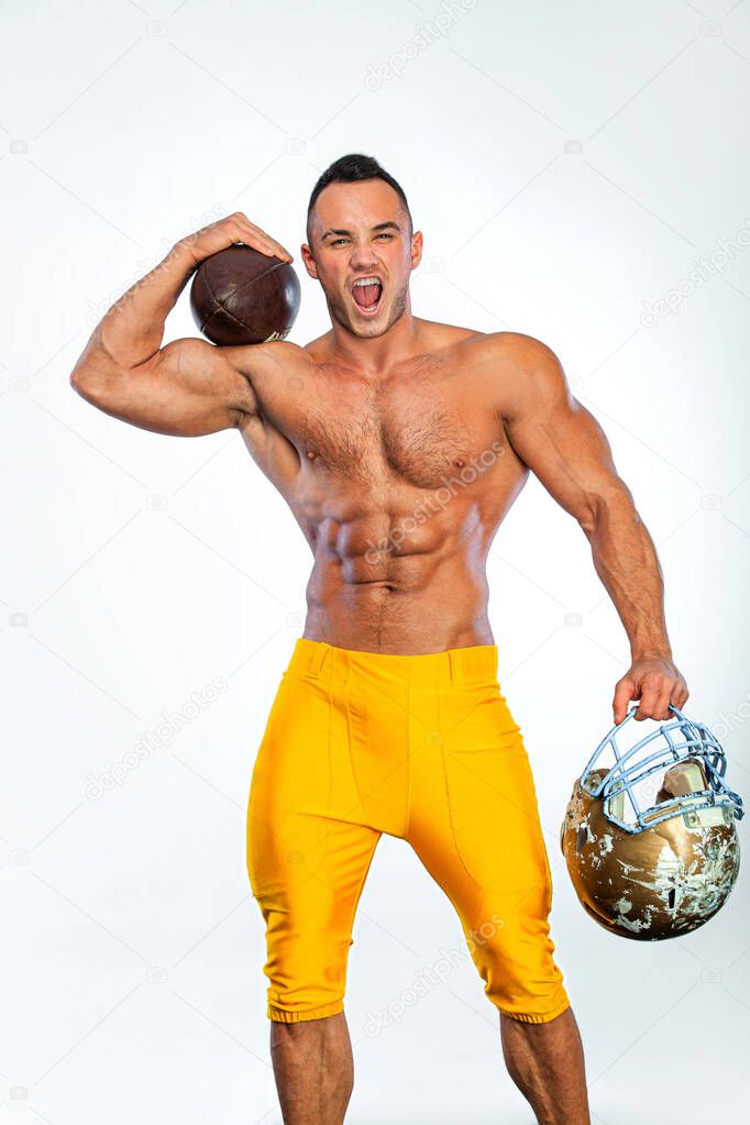 Gay streptizer with naked torso. American football player in helmet isolated on white background.