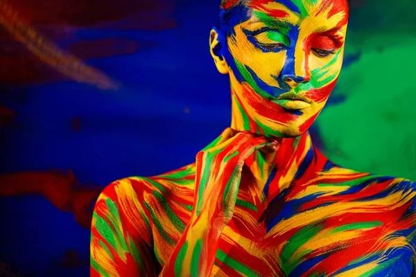 Color art face of woman for inspiration. Abstract portrait of the bright beautiful girl with colorful make-up and bodyart. — Stock Photo, Image