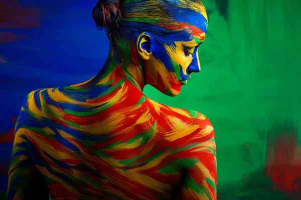 Art fashion makeup. Color face of woman for inspiration. Abstract portrait of the bright beautiful girl with colorful make-up and bodyart. — Stock Photo, Image