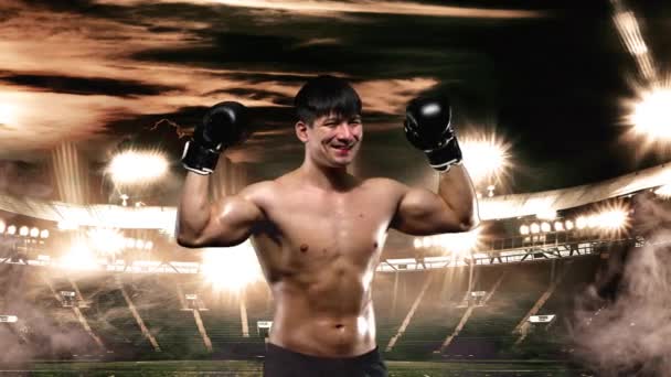 Concepto de boxeo. Boxeador luchando o posando en guantes en el estadio y celebra la victoria. Recreación deportiva individual . — Vídeos de Stock