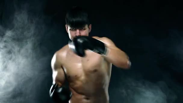 Concetto di Shadow-boxing. Boxer uomo in guanti lotta con ombra su sfondo nero. Attività ricreative sportive individuali . — Video Stock