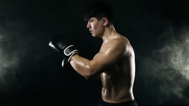 Concepto de boxeo en la sombra. Boxeador con guantes luchando con sombra sobre fondo negro. Recreación deportiva individual. Moción lenta . — Vídeo de stock