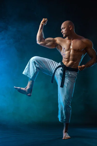 Caça de karatê ou taekwondo sobre fundo preto com fumaça. Apto homem desportistas fisiculturista físico e atleta. Motivação desportiva masculina . — Fotografia de Stock