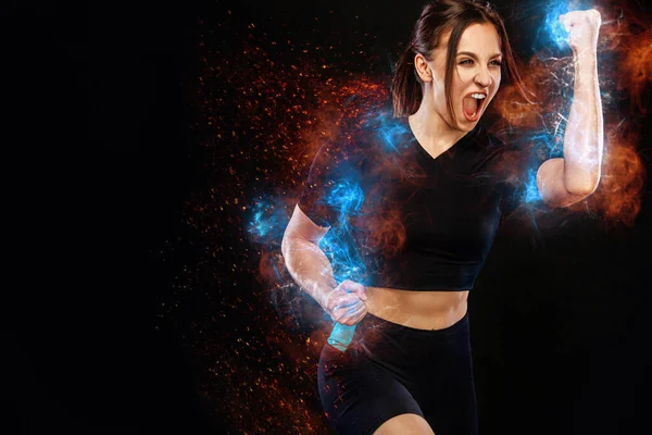 Sprinter and runner girl. Running concept. Fitness and sport motivation. Strong and fit athletic, woman sprinter or runner, running on black background in the fire wearing sportswear. — Stock Photo, Image