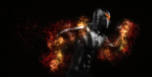 短跑运动员和赛跑选手在火中。跑的概念。健身和运动动机。强壮健康的运动健将，身穿体恤衫的男子短跑运动员或短跑运动员，背景为黑色. — 图库照片