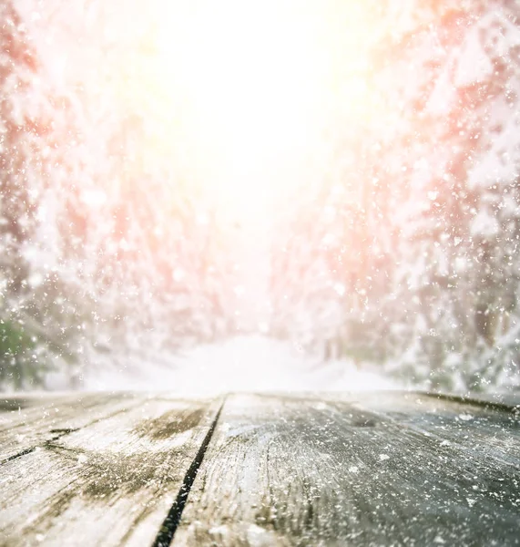 Träbord i vinter skog — Stockfoto