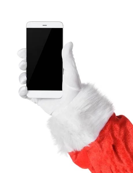Santa hält Smartphone in der Hand — Stockfoto