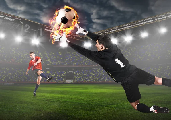 Soccer or football keeper catching ball — Stock Photo, Image