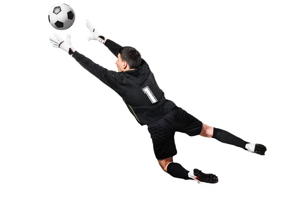 Foci, vagy futball kapus elkapta a labdát — Stock Fotó