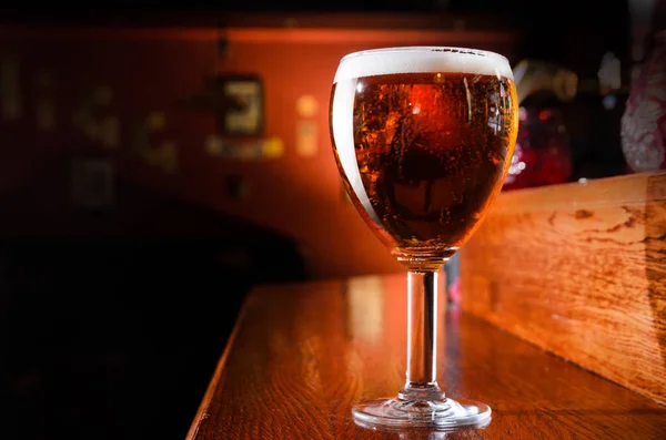 Glass of fresh beer on counter in pub — Stock Photo, Image