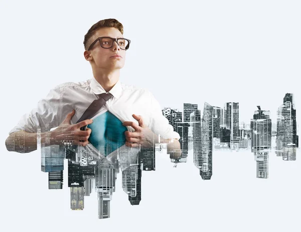 Business super hero double exposure — Stock Photo, Image