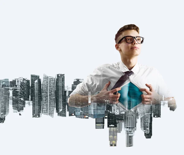 Business super hero double exposure — Stock Photo, Image