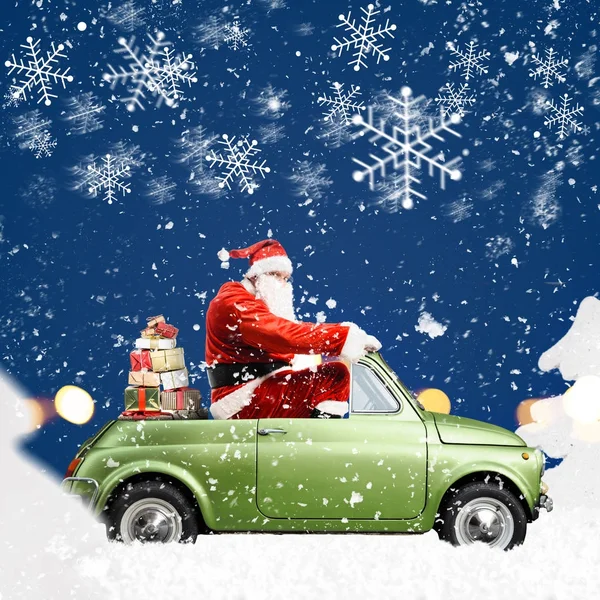 Santa claus na samochód — Zdjęcie stockowe