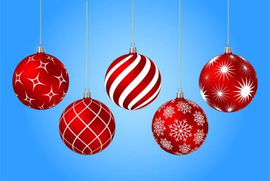 Kırmızı Noel topları farklı desenleri ile