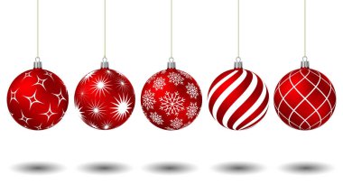 Kırmızı Noel topları farklı desenleri ile