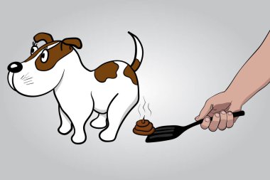 El kepçe ile köpeğin dışkı temizler.