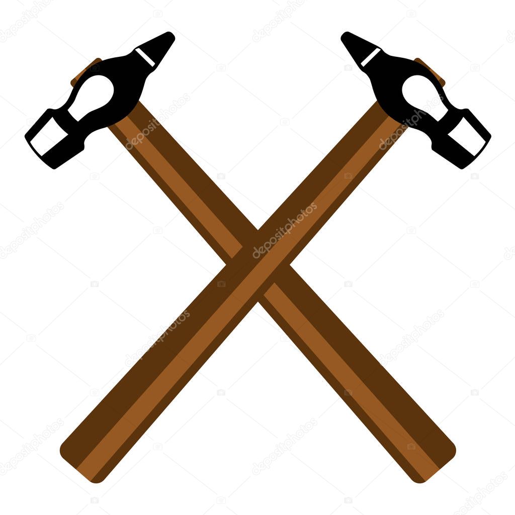 Two crossed hammers on a white background. Vector illustration