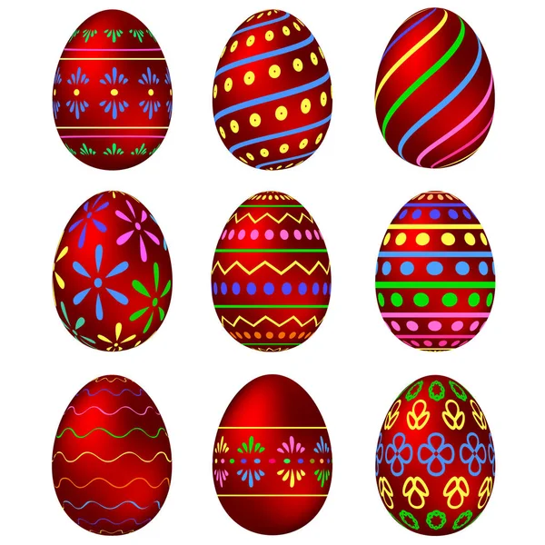 Набор красных пасхальных яиц с узорами — стоковый вектор