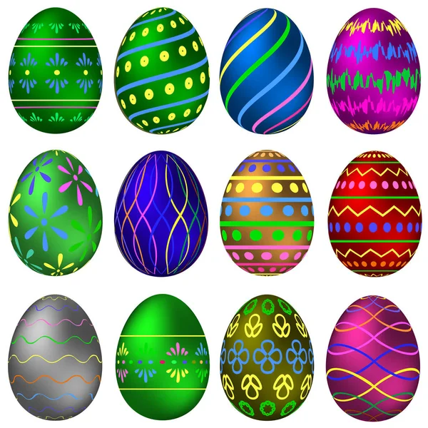 Un conjunto de huevos de Pascua pintados con patrones de colores — Vector de stock