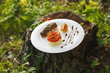 Pirinç beyaz tabakta somon ile