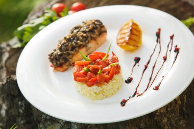 Pirinç beyaz tabakta somon ile