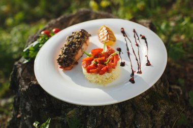 Pirinç beyaz tabakta somon ile