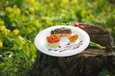 Pirinç beyaz tabakta somon ile