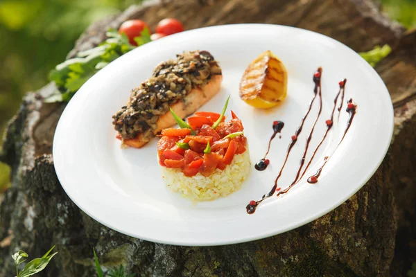 Rice with salmon on a white plate — Stock Photo, Image