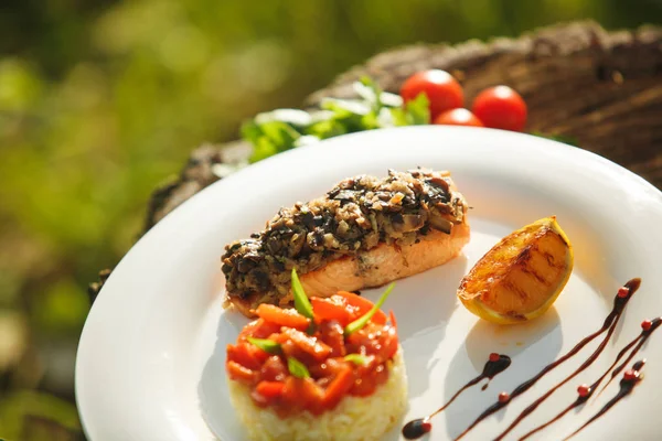 Rice with salmon on a white plate — Stock Photo, Image