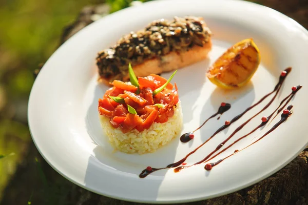 Rice with salmon on a white plate — Stock Photo, Image