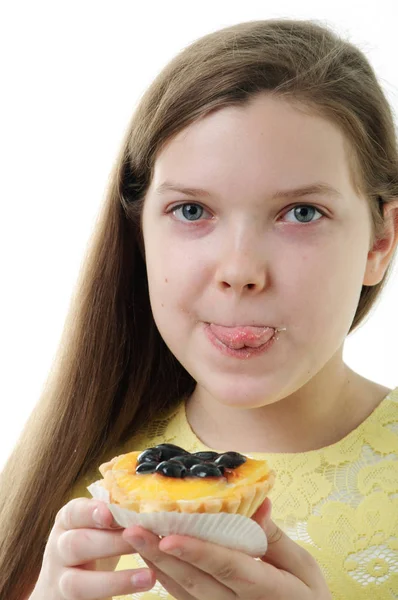 Una Imagen Una Joven Comiendo Pastel Fondo Blanco —  Fotos de Stock