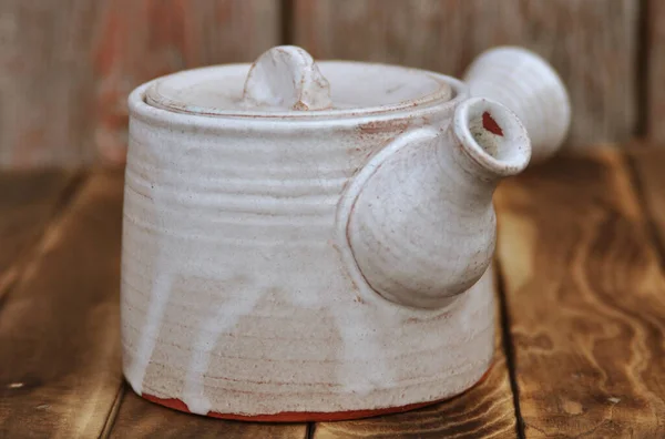 White Teapot Wooden Table — Stock Photo, Image