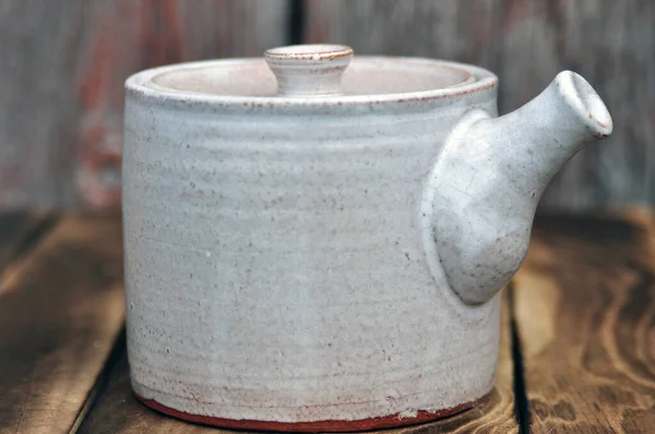 White Teapot Wooden Background — Stock Photo, Image