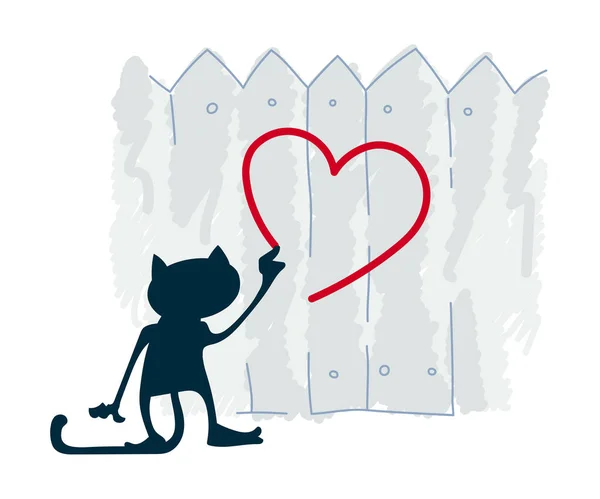 Vector Illustration Cartoon Cat Drawing Heart Fence — Stock Vector