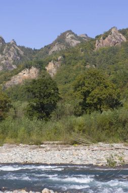 Nehir ve dağlarla dolu güzel bir manzara.