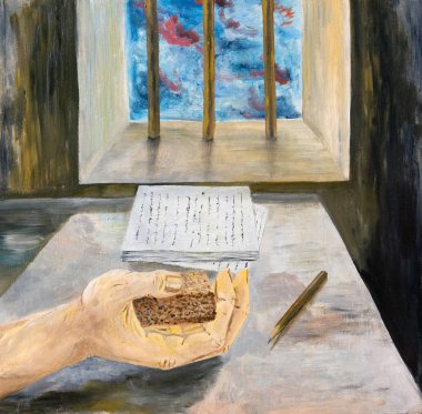 Bir parça ekmek ile el muhalif yazar. Yağlıboya Resim